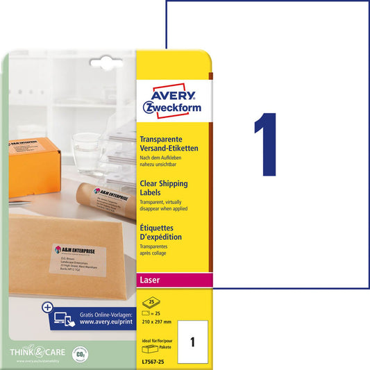 AVERY Zweckform Folien-Versandetiketten transparent 210,0 x 297,0 mm | L7567-25 | 1 Pack = 25 Blatt
