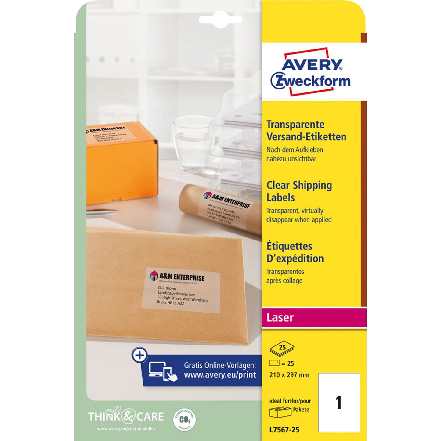 AVERY Zweckform Folien-Versandetiketten transparent 210,0 x 297,0 mm | L7567-25 | 1 Pack = 25 Blatt