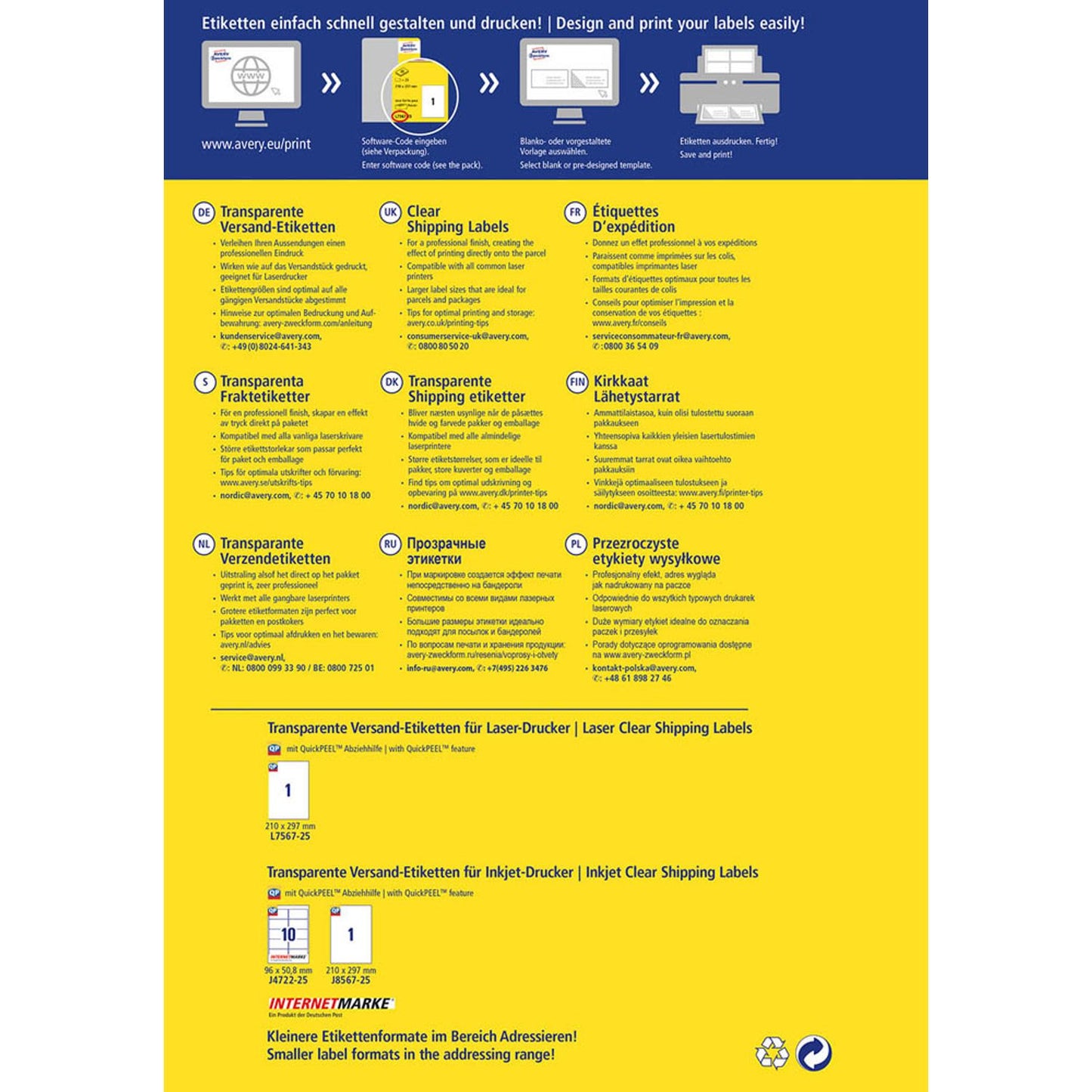 AVERY Zweckform Folien-Versandetiketten transparent 210,0 x 297,0 mm | L7567-25 | 1 Pack = 25 Blatt