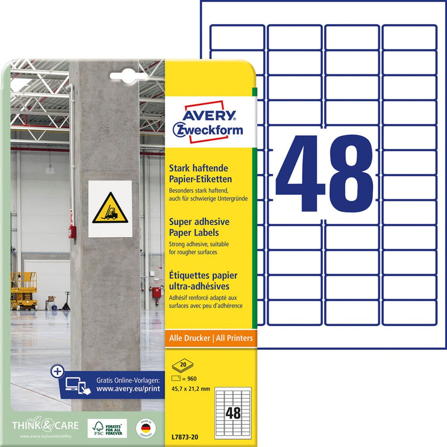 AVERY Zweckform Power-Etiketten weiß 45,7 x 21,2 mm | L7873-20 | 1 Pack = 20 Blatt