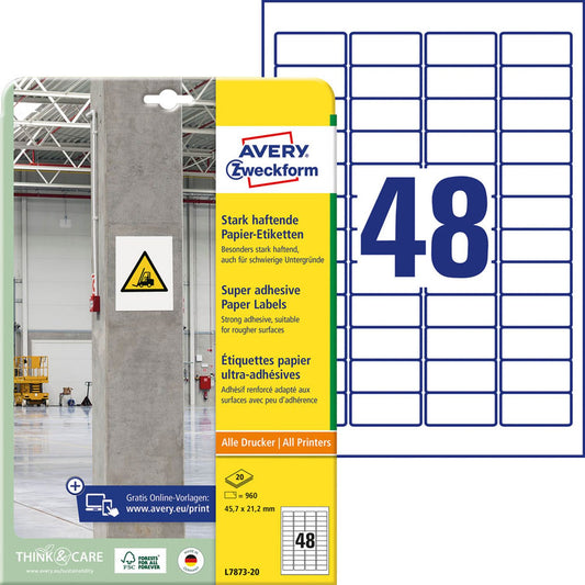 AVERY Zweckform Power-Etiketten weiß 45,7 x 21,2 mm | L7873-20 | 1 Pack = 20 Blatt