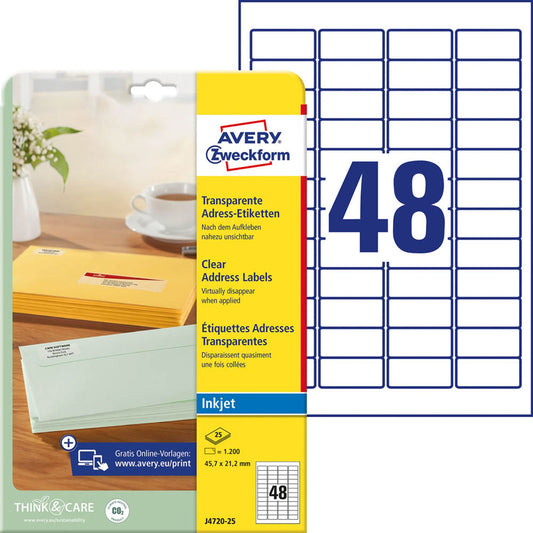 AVERY Zweckform Folien-Adressetiketten transparent 45,7 x 21,2 mm | J4720-25 | 1 Pack = 25 Blatt