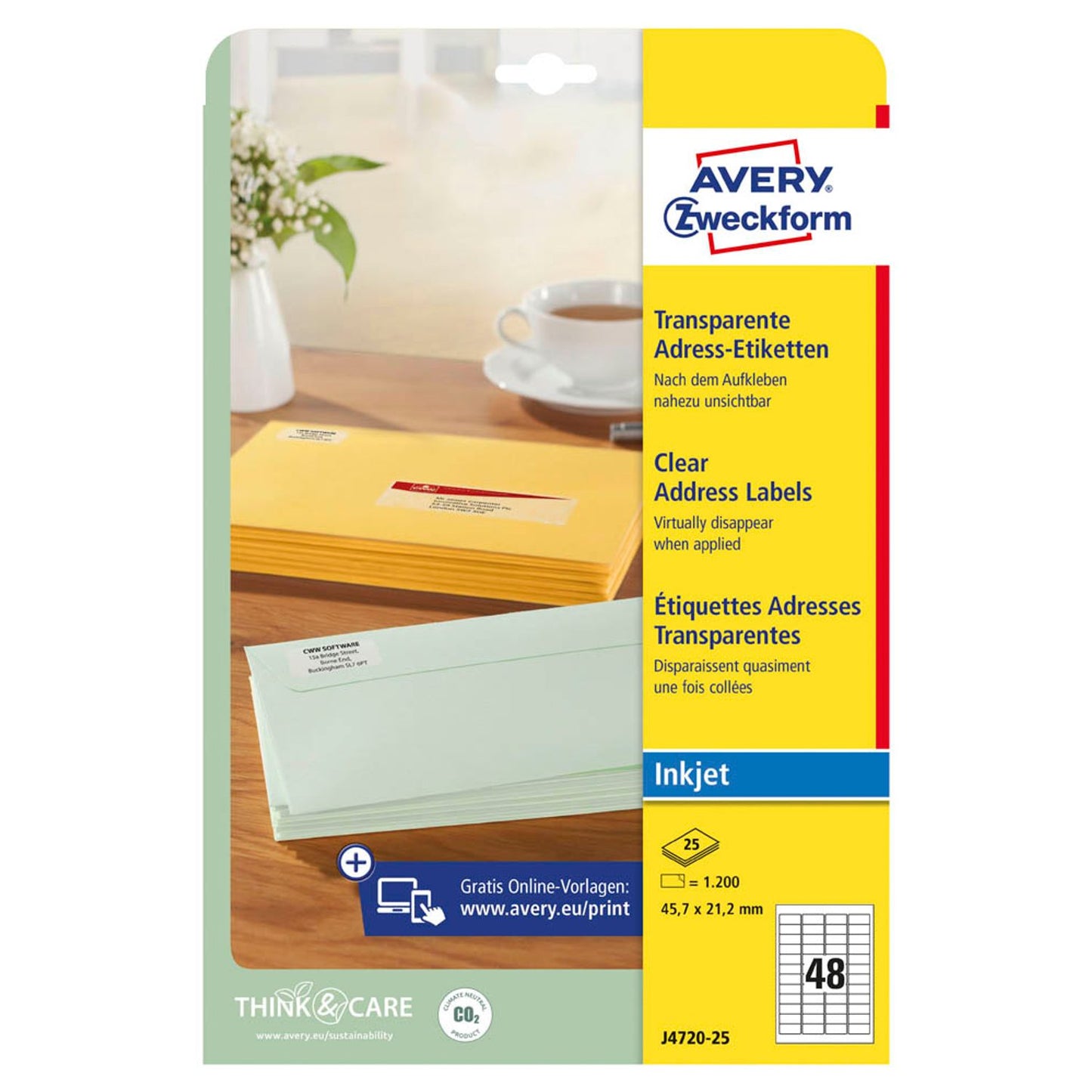 AVERY Zweckform Folien-Adressetiketten transparent 45,7 x 21,2 mm | J4720-25 | 1 Pack = 25 Blatt