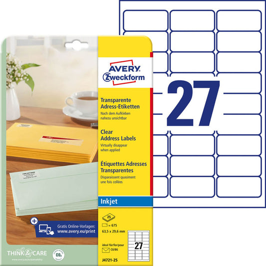 AVERY Zweckform Folien-Adressetiketten transparent 63,5 x 29,6 mm | J4721-25 | 1 Pack = 25 Blatt