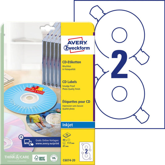 AVERY Zweckform CD-Etiketten weiß | C6074-20 | 1 Pack = 40 Etiketten
