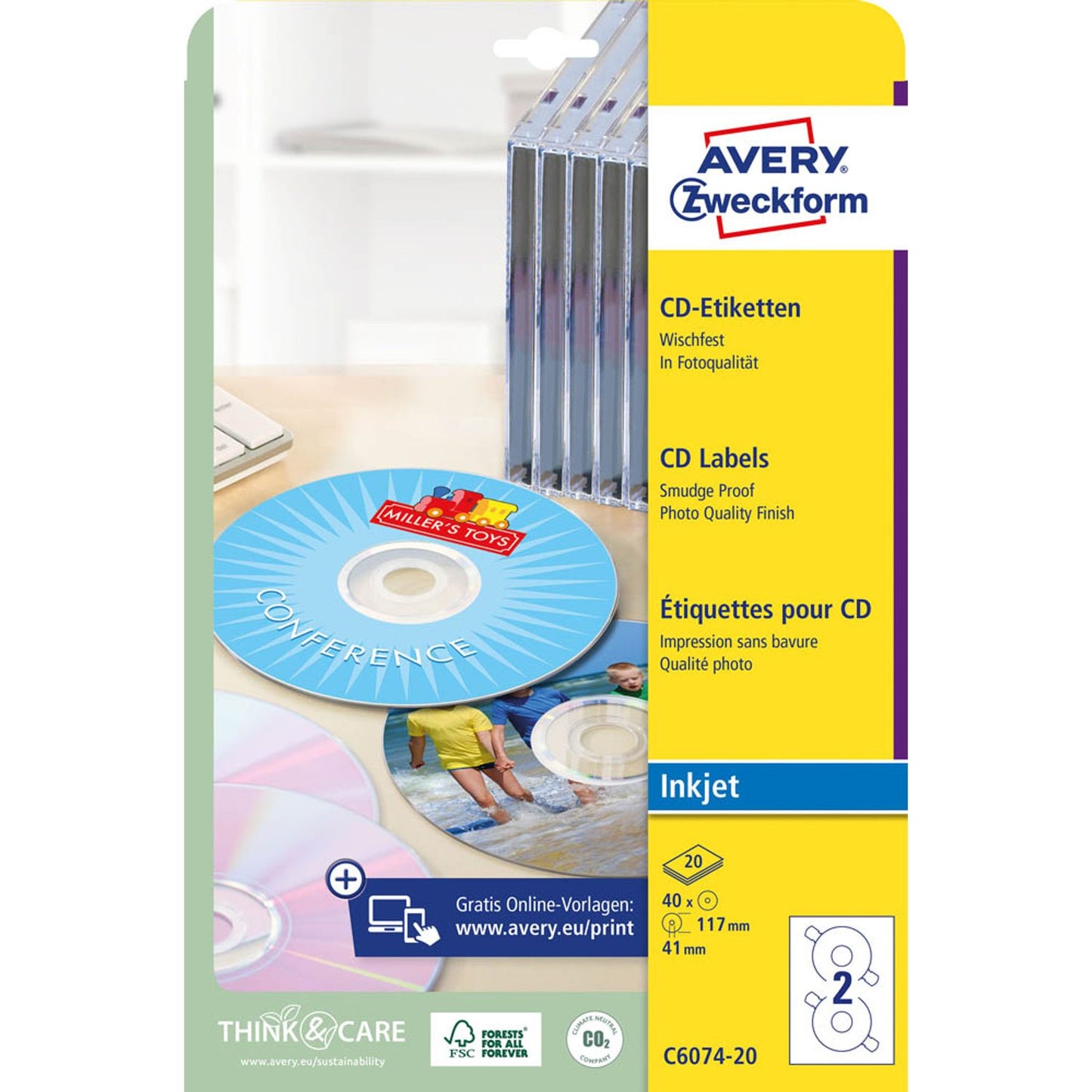 AVERY Zweckform CD-Etiketten weiß | C6074-20 | 1 Pack = 40 Etiketten