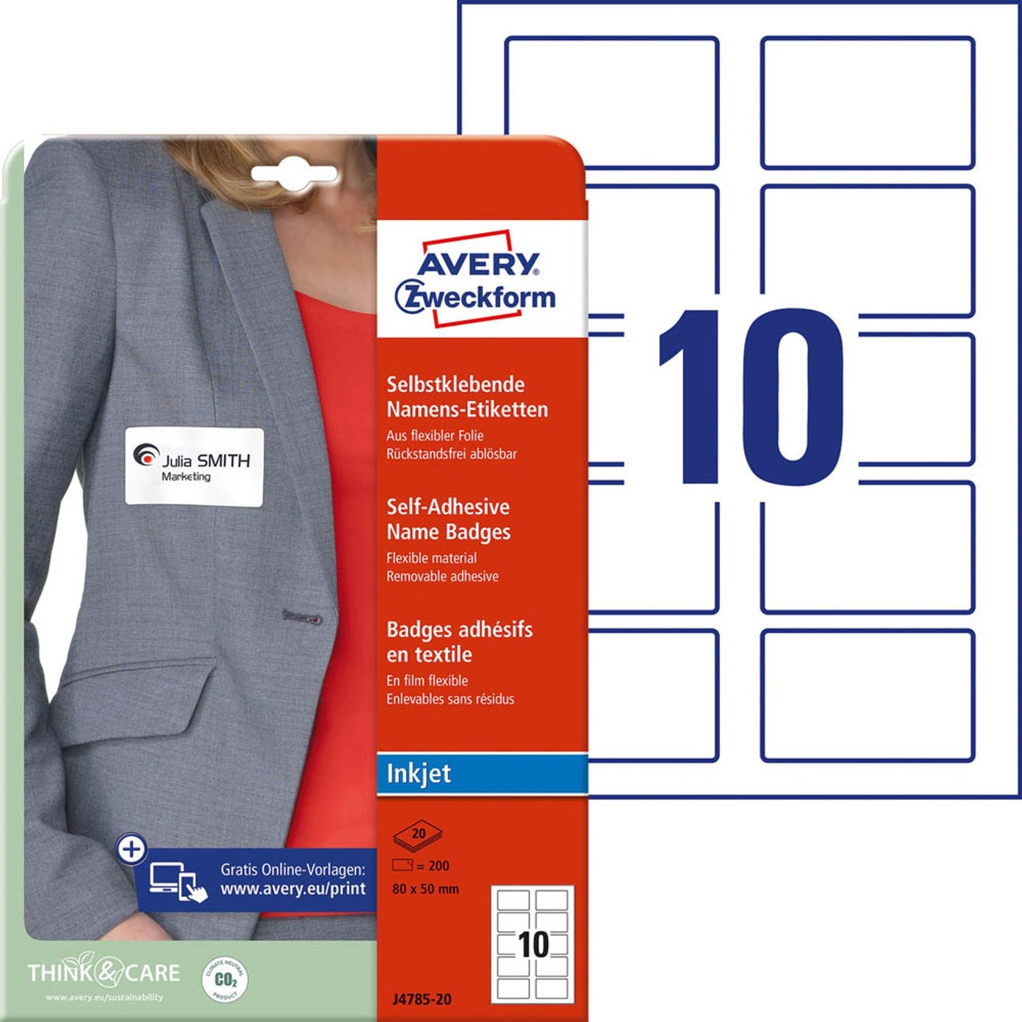 AVERY Zweckform Namensetiketten weiß 80,0 x 50,0 mm | J4785-20 | 1 Pack = 20 Blatt
