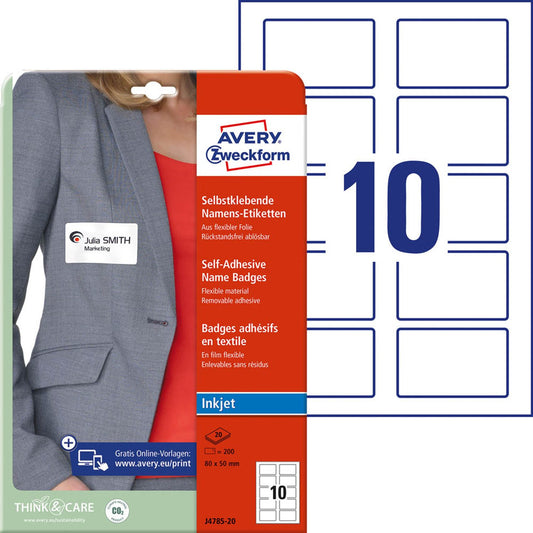 AVERY Zweckform Namensetiketten weiß 80,0 x 50,0 mm | J4785-20 | 1 Pack = 20 Blatt
