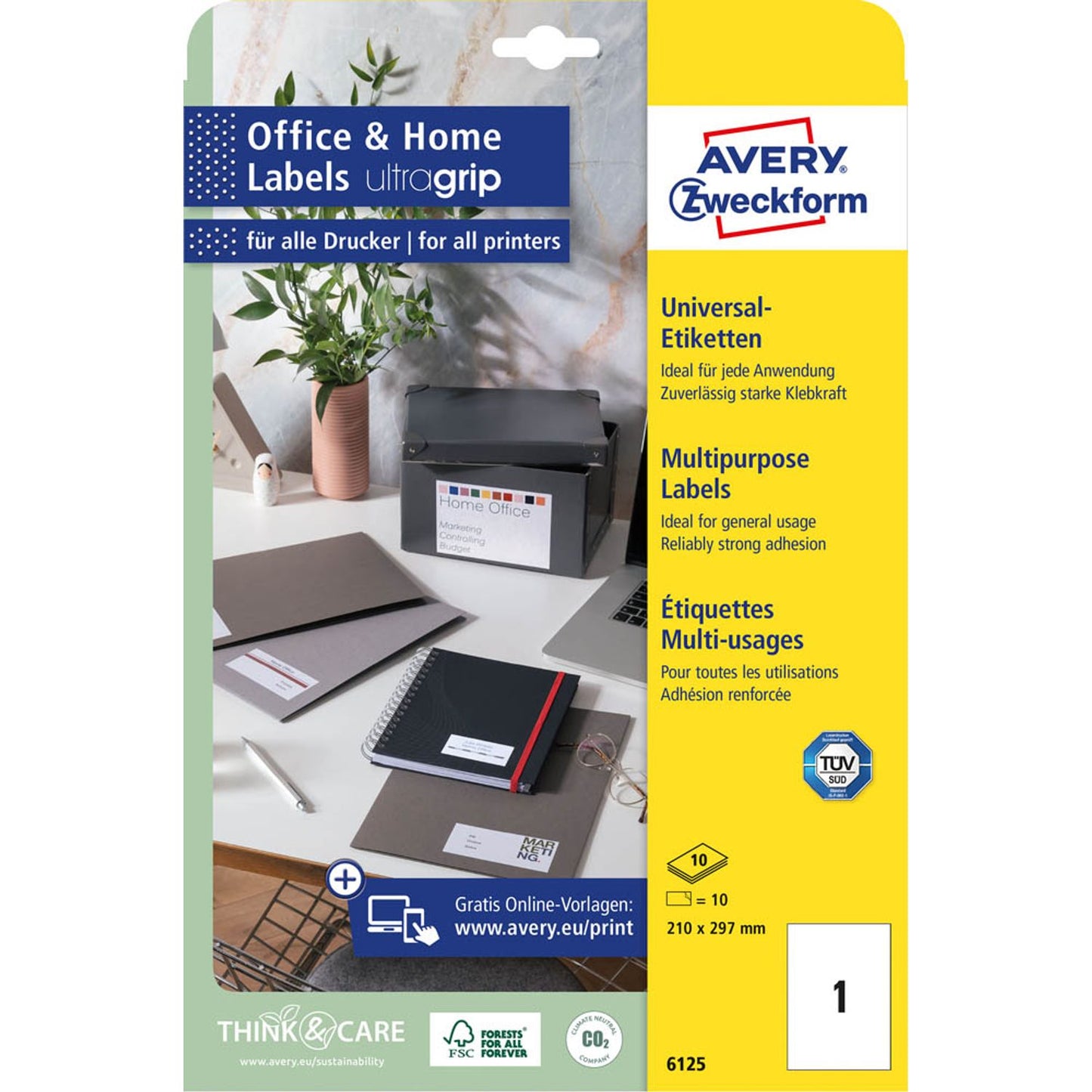 AVERY Zweckform Etiketten weiß 210,0 x 297,0 mm | 6125 | 1 Pack = 10 Blatt