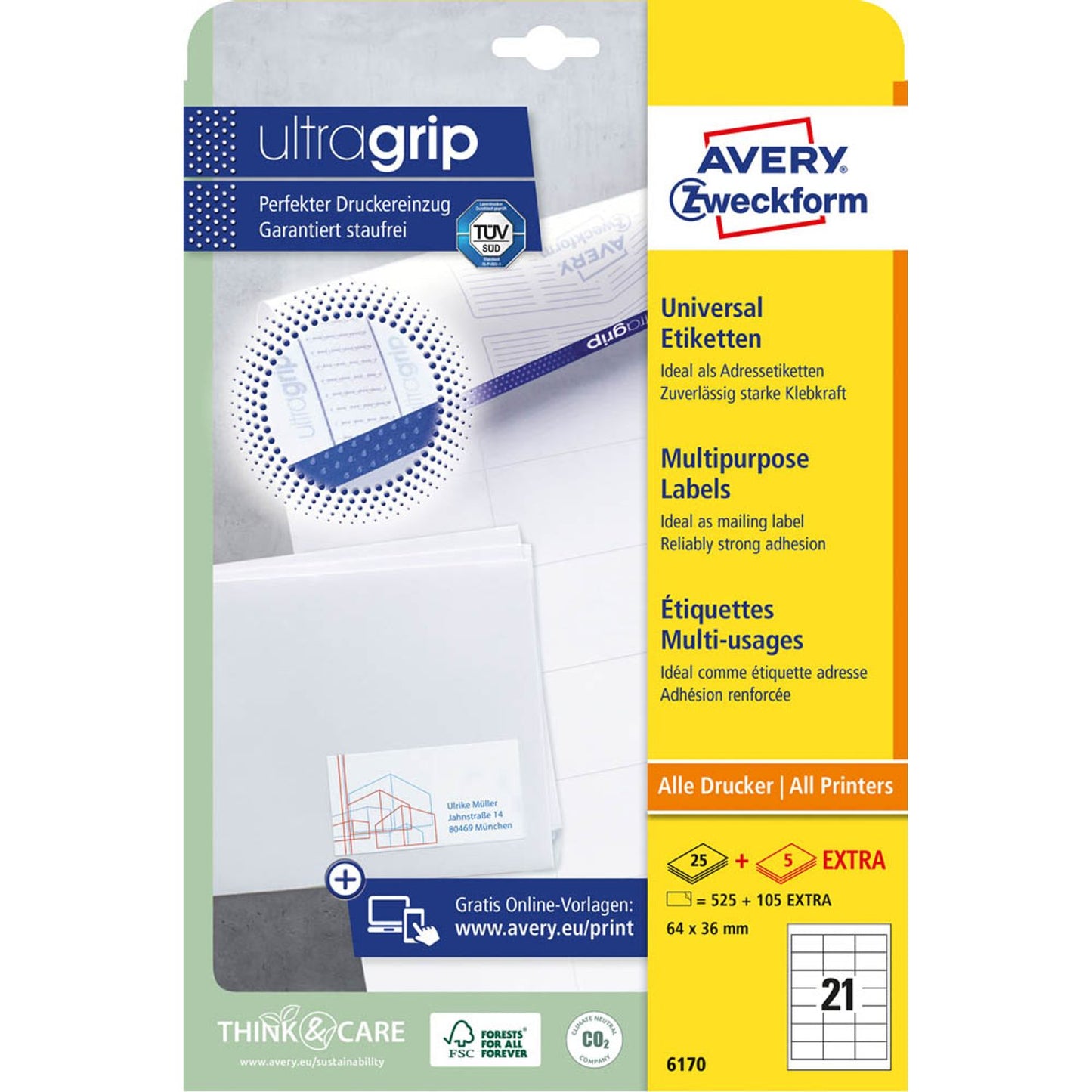 AVERY Zweckform Etiketten weiß 64,0 x 36,0 mm | 6170 | 1 Pack = 30 Blatt