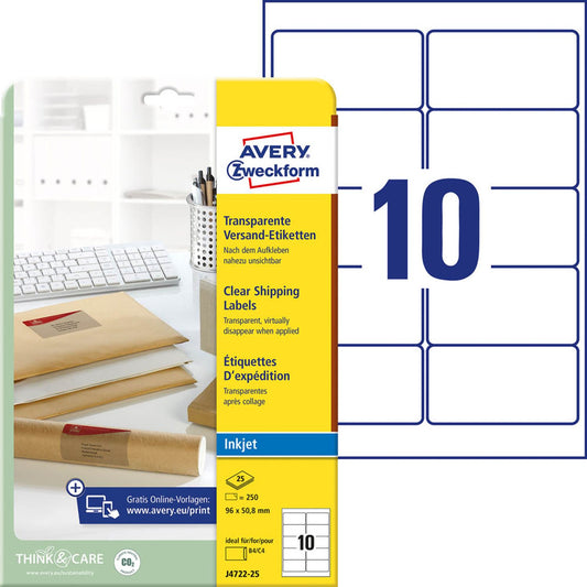 AVERY Zweckform Folien-Versandetiketten transparent 96,0 x 50,8 mm | J4722-25 | 1 Pack = 25 Blatt