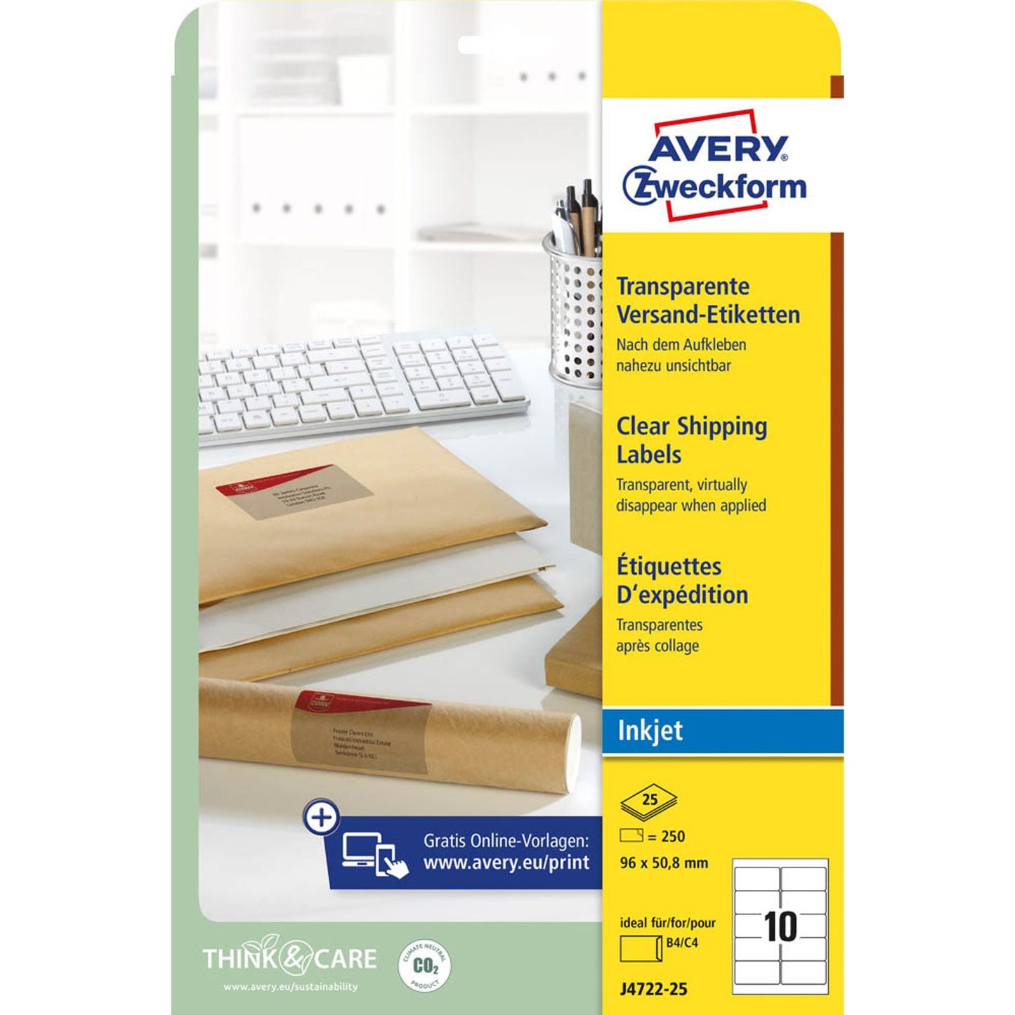 AVERY Zweckform Folien-Versandetiketten transparent 96,0 x 50,8 mm | J4722-25 | 1 Pack = 25 Blatt