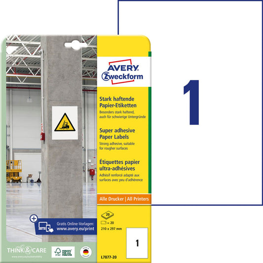 AVERY Zweckform Power-Etiketten weiß 210,0 x 297,0 mm | L7877-20 | 1 Pack = 20 Blatt