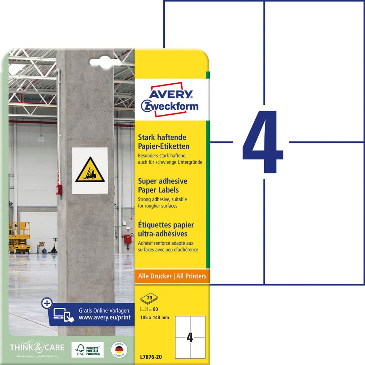 AVERY Zweckform Power-Etiketten weiß 105,0 x 148,0 mm | L7876-20 | 1 Pack = 20 Blatt
