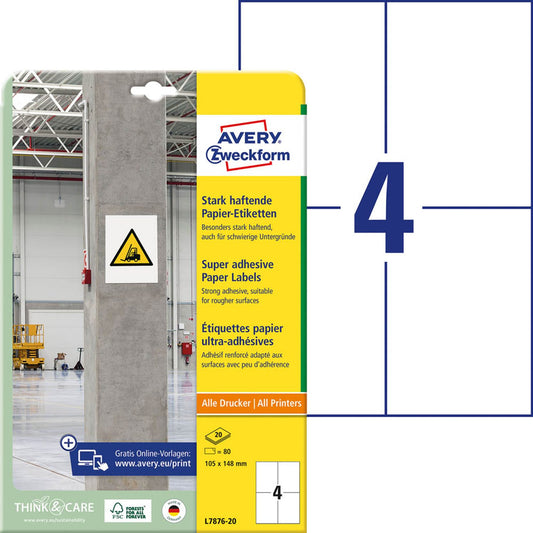 AVERY Zweckform Power-Etiketten weiß 105,0 x 148,0 mm | L7876-20 | 1 Pack = 20 Blatt