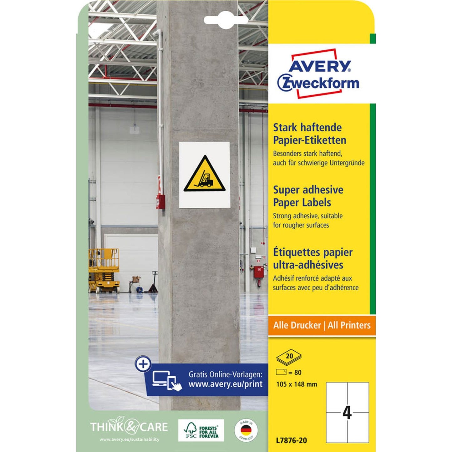 AVERY Zweckform Power-Etiketten weiß 105,0 x 148,0 mm | L7876-20 | 1 Pack = 20 Blatt