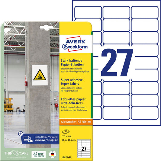 AVERY Zweckform Power-Etiketten weiß 63,5 x 29,6 mm | L7874-20 | 1 Pack = 20 Blatt