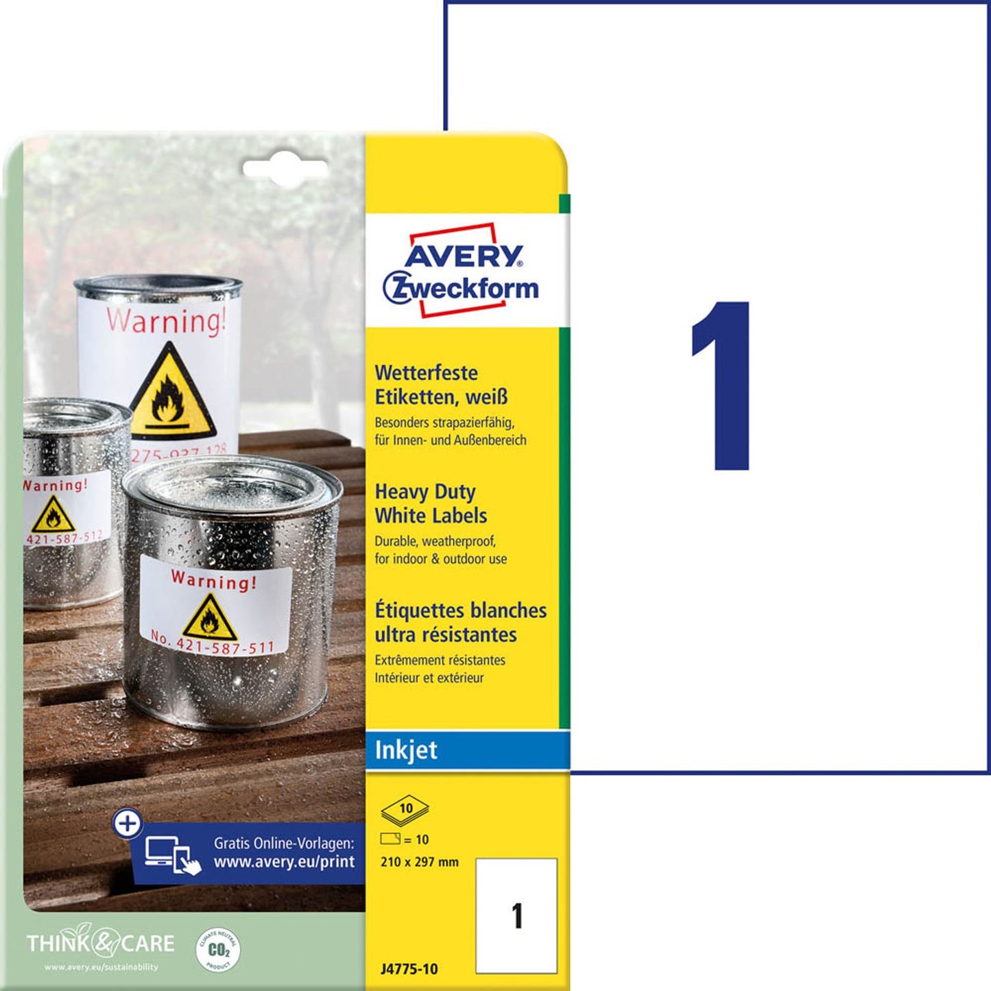 AVERY Zweckform wetterfeste Folienetiketten weiß 210,0 x 297,0 mm | J4775-10 | 1 Pack = 10 Blatt