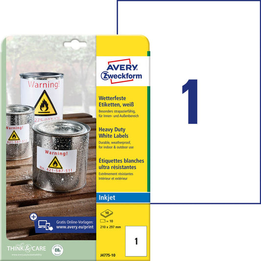 AVERY Zweckform wetterfeste Folienetiketten weiß 210,0 x 297,0 mm | J4775-10 | 1 Pack = 10 Blatt