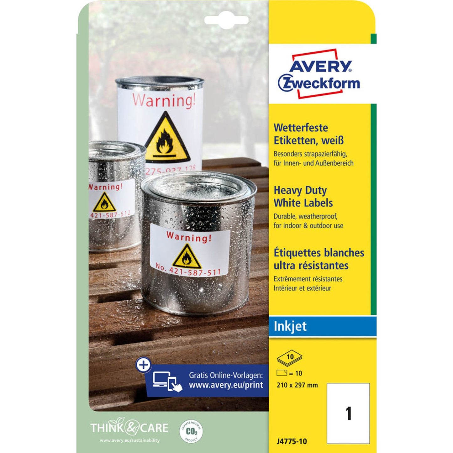 AVERY Zweckform wetterfeste Folienetiketten weiß 210,0 x 297,0 mm | J4775-10 | 1 Pack = 10 Blatt
