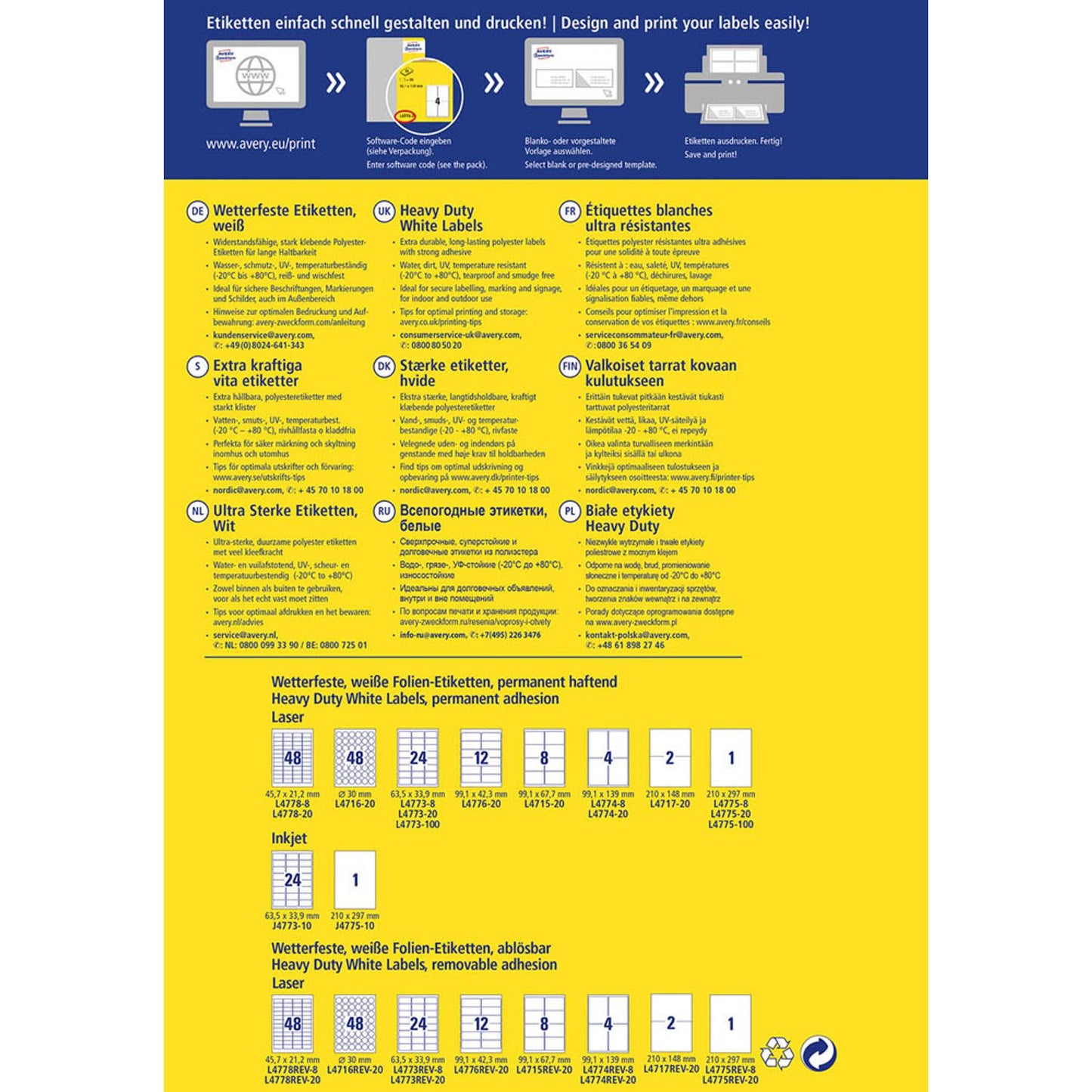 AVERY Zweckform wetterfeste Folienetiketten weiß 210,0 x 297,0 mm | J4775-10 | 1 Pack = 10 Blatt