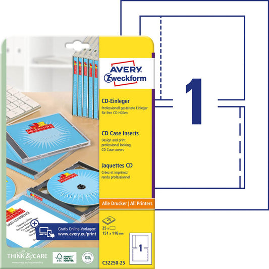 AVERY Zweckform CD-Einleger weiß | C32250-25 | 1 Pack = 25 Sätze