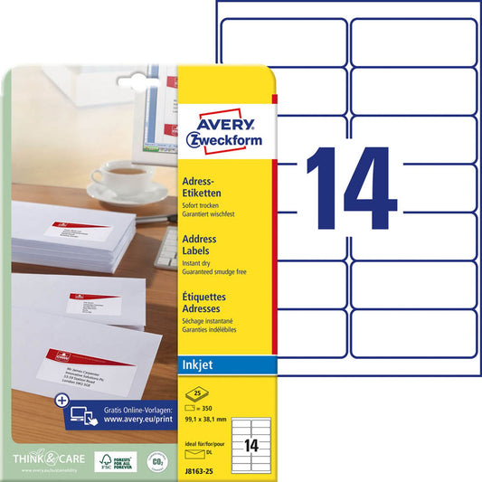 AVERY Zweckform Adressetiketten weiß 99,1 x 38,1 mm | J8163-25 | 1 Pack = 25 Blatt
