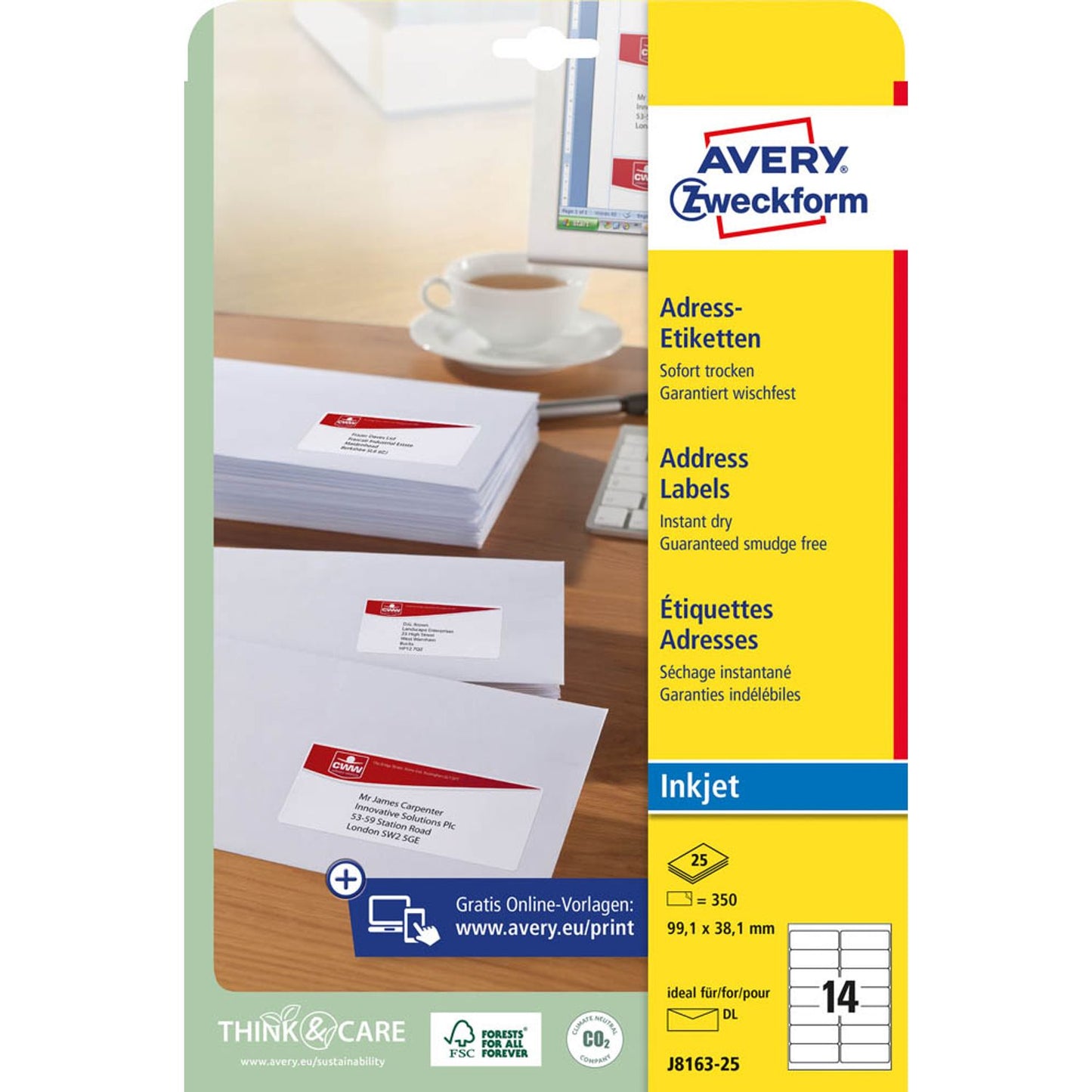 AVERY Zweckform Adressetiketten weiß 99,1 x 38,1 mm | J8163-25 | 1 Pack = 25 Blatt