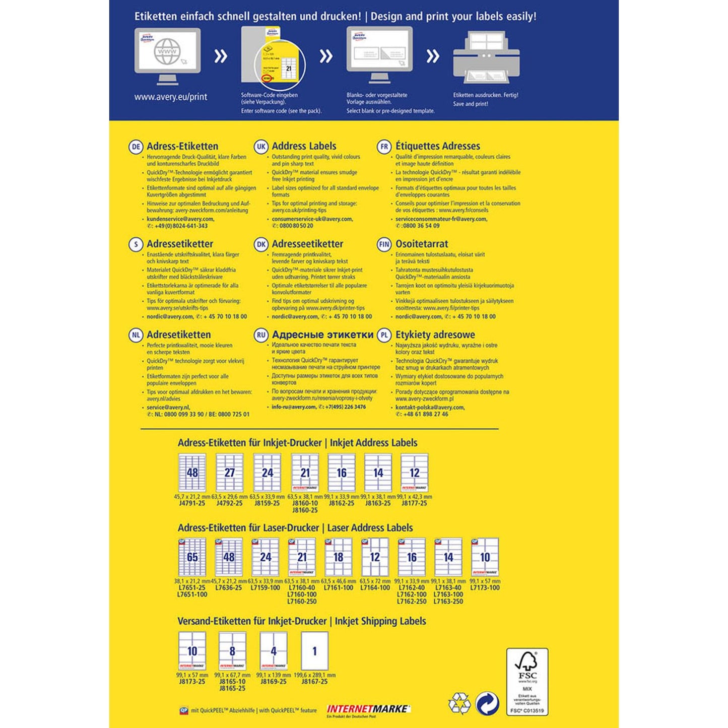 AVERY Zweckform Adressetiketten weiß 99,1 x 38,1 mm | J8163-25 | 1 Pack = 25 Blatt