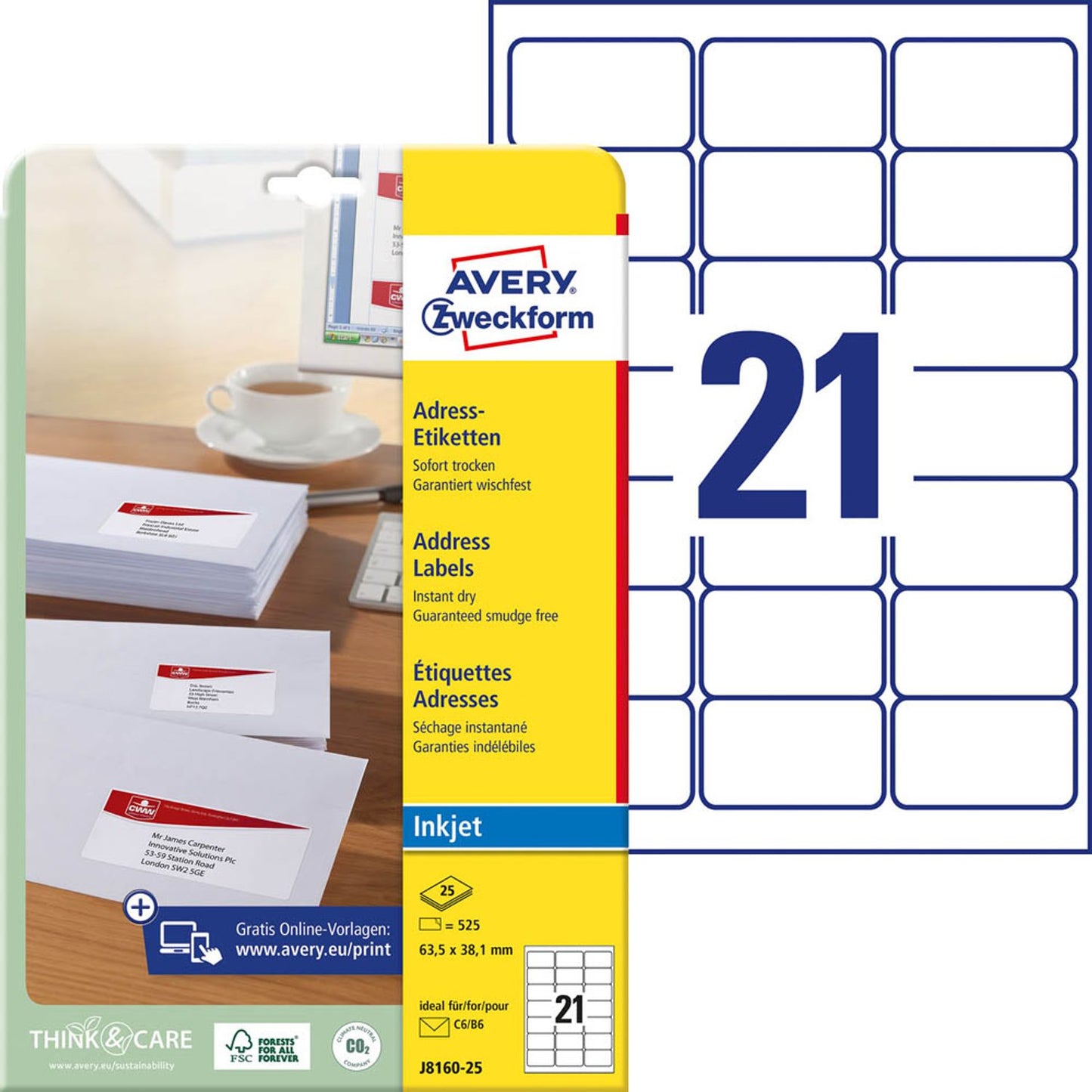 AVERY Zweckform Adressetiketten weiß 63,5 x 38,1 mm | J8160-25 | 1 Pack = 25 Blatt