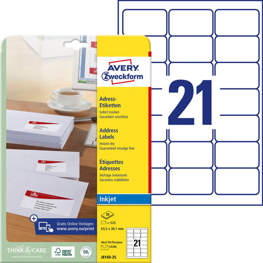 AVERY Zweckform Adressetiketten weiß 63,5 x 38,1 mm | J8160-25 | 1 Pack = 25 Blatt