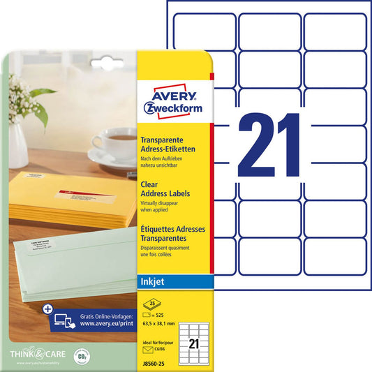 AVERY Zweckform Folien-Adressetiketten transparent 63,5 x 38,1 mm | J8560-25 | 1 Pack = 25 Blatt