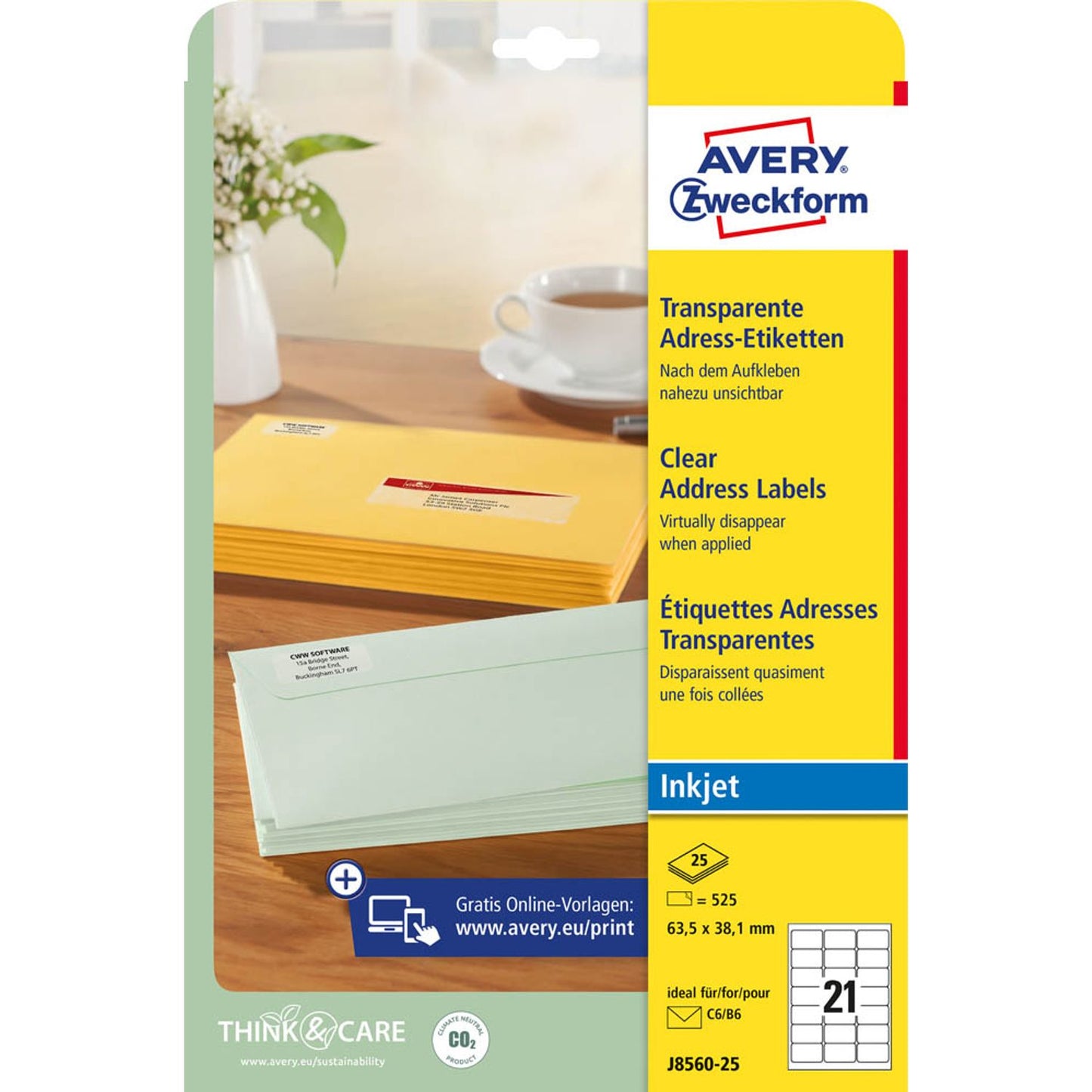 AVERY Zweckform Folien-Adressetiketten transparent 63,5 x 38,1 mm | J8560-25 | 1 Pack = 25 Blatt