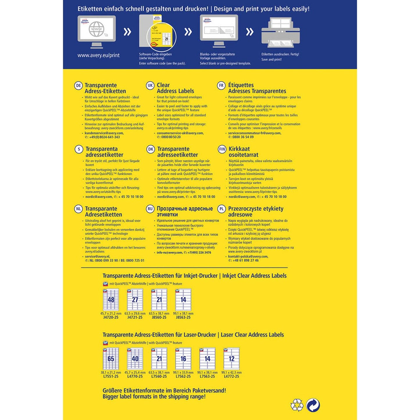 AVERY Zweckform Folien-Adressetiketten transparent 63,5 x 38,1 mm | J8560-25 | 1 Pack = 25 Blatt