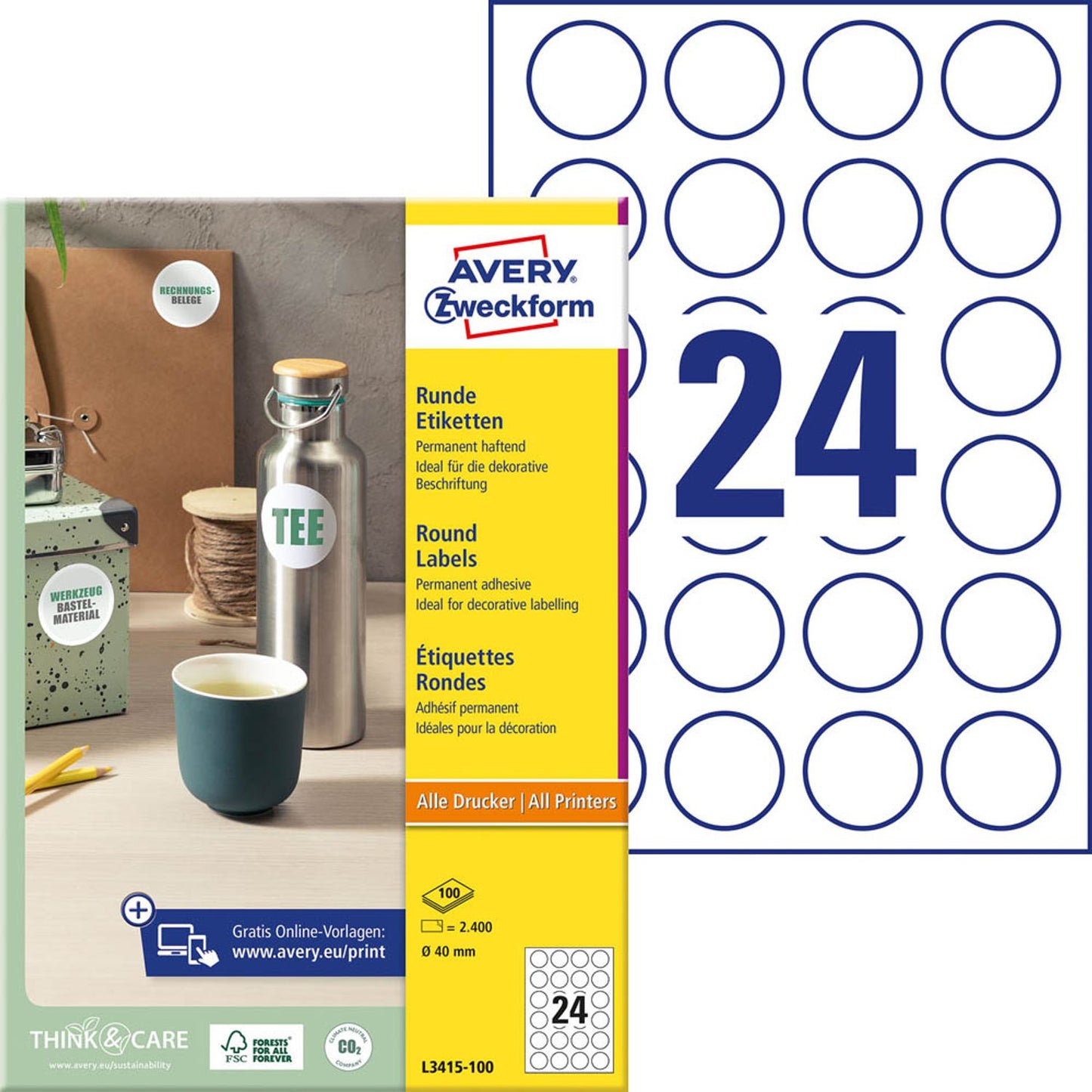 AVERY Zweckform Etiketten weiß 40,0 x 40,0 mm | L3415-100 | 1 Pack = 100 Blatt