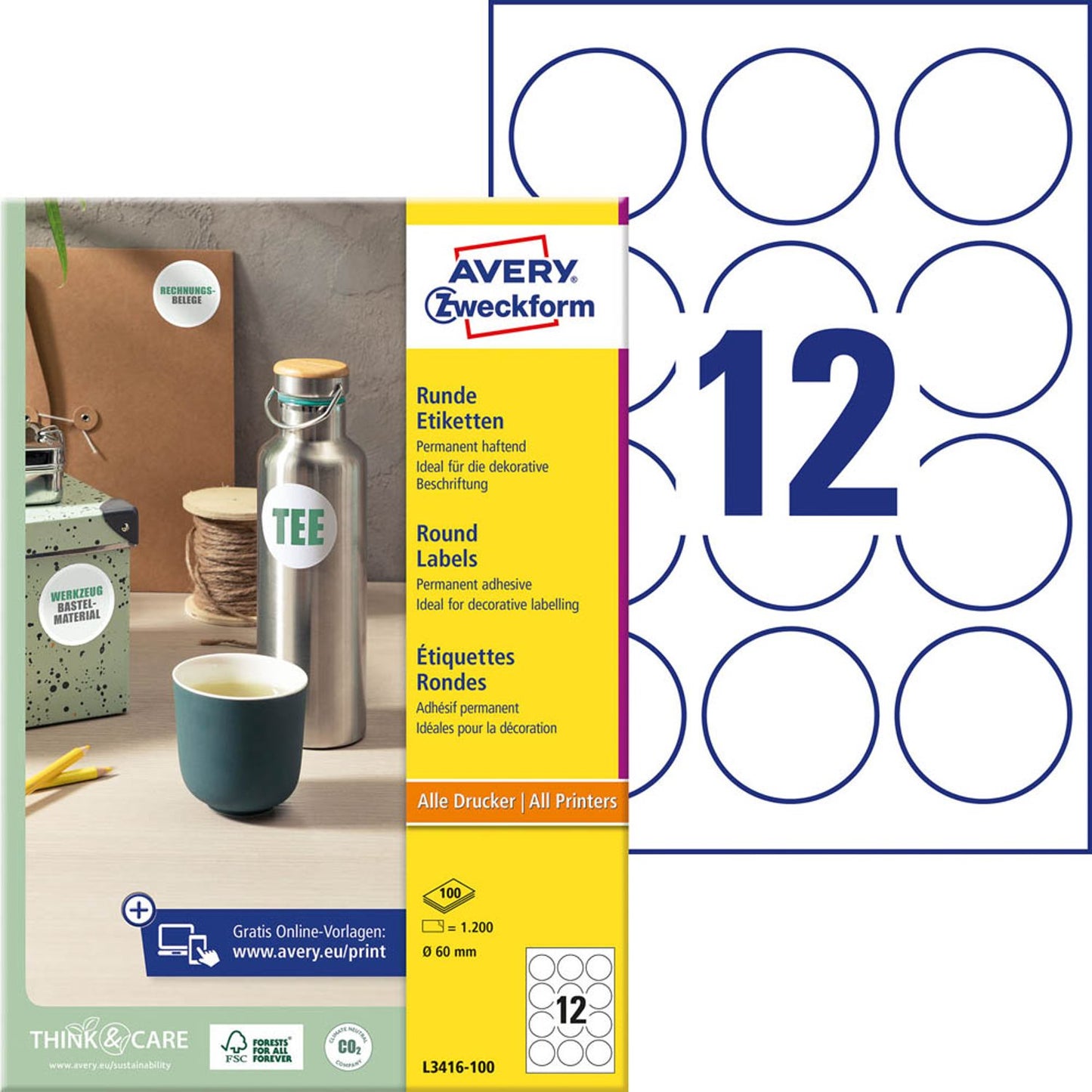 AVERY Zweckform Etiketten weiß 60,0 x 60,0 mm | L3416-100 | 1 Pack = 100 Blatt