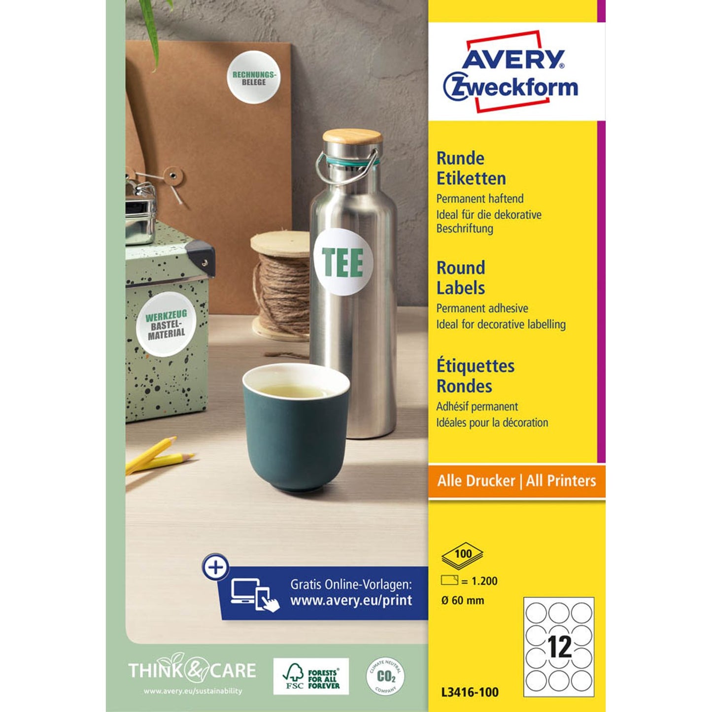 AVERY Zweckform Etiketten weiß 60,0 x 60,0 mm | L3416-100 | 1 Pack = 100 Blatt