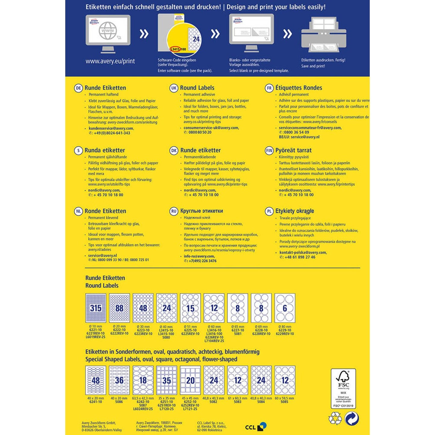 AVERY Zweckform Etiketten weiß 60,0 x 60,0 mm | L3416-100 | 1 Pack = 100 Blatt