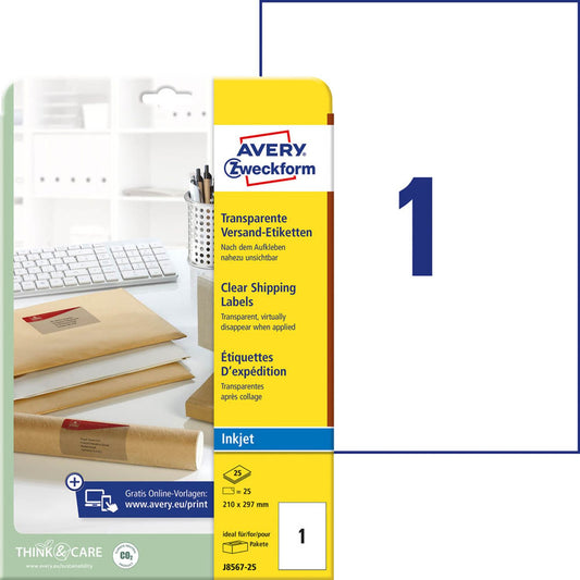AVERY Zweckform Folien-Versandetiketten transparent 210,0 x 297,0 mm | J8567-25 | 1 Pack = 25 Blatt