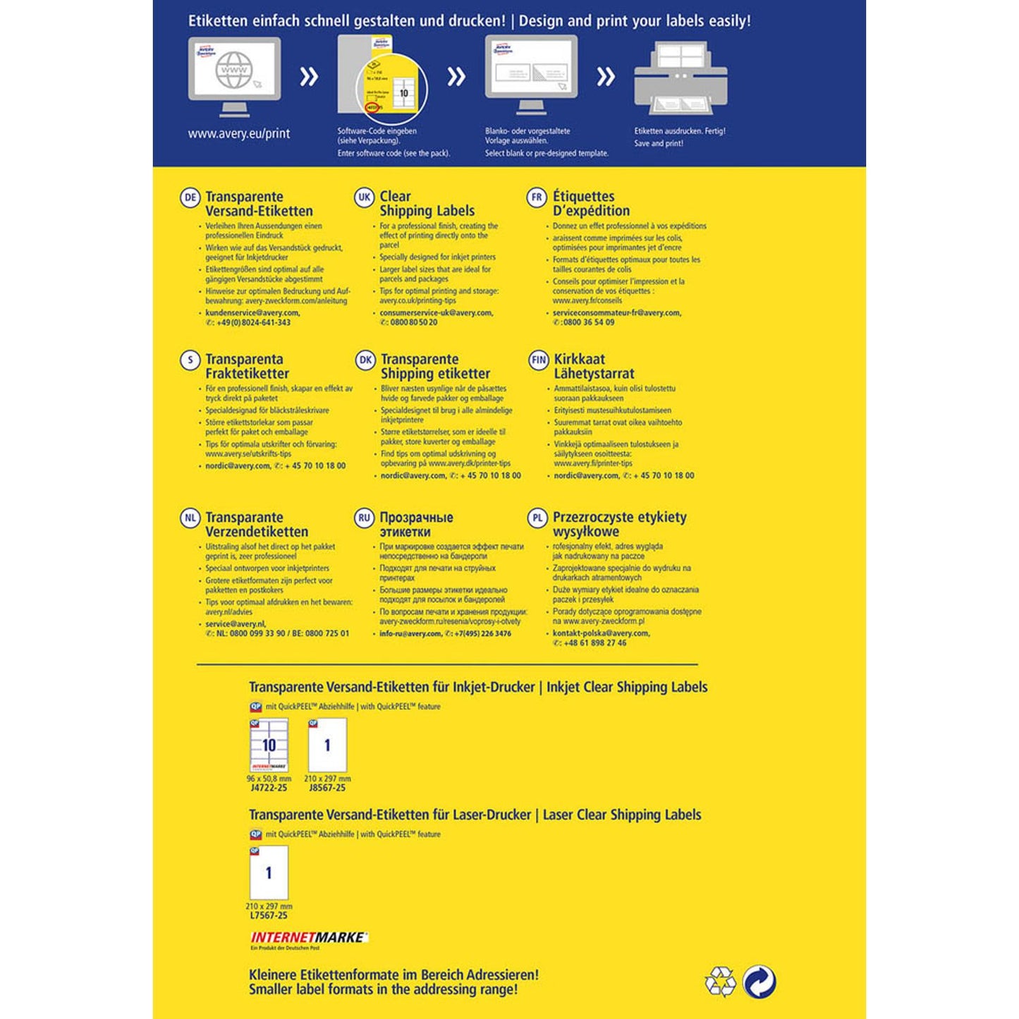 AVERY Zweckform Folien-Versandetiketten transparent 210,0 x 297,0 mm | J8567-25 | 1 Pack = 25 Blatt