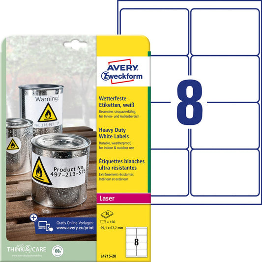 AVERY Zweckform wetterfeste Folienetiketten weiß 99,1 x 67,7 mm | L4715-20 | 1 Pack = 20 Blatt