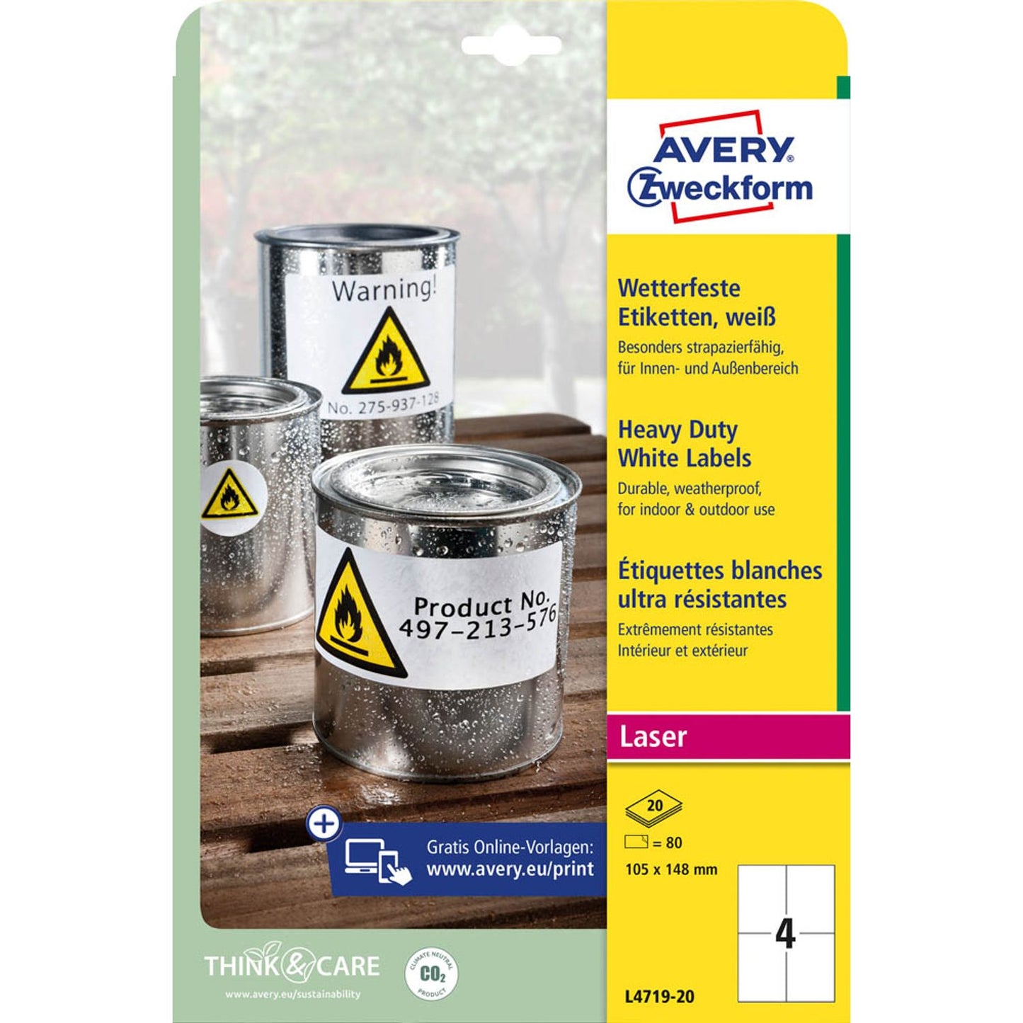 AVERY Zweckform wetterfeste Folienetiketten weiß 105,0 x 148,0 mm | L4719-20 | 1 Pack = 20 Blatt