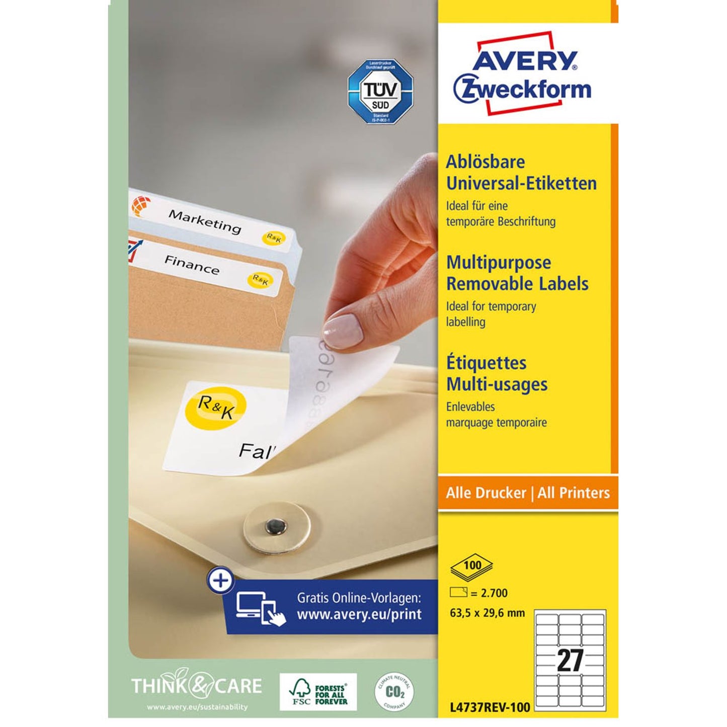 AVERY Zweckform Etiketten weiß 63,5 x 29,6 mm | L4737REV-100 | 1 Pack = 100 Blatt