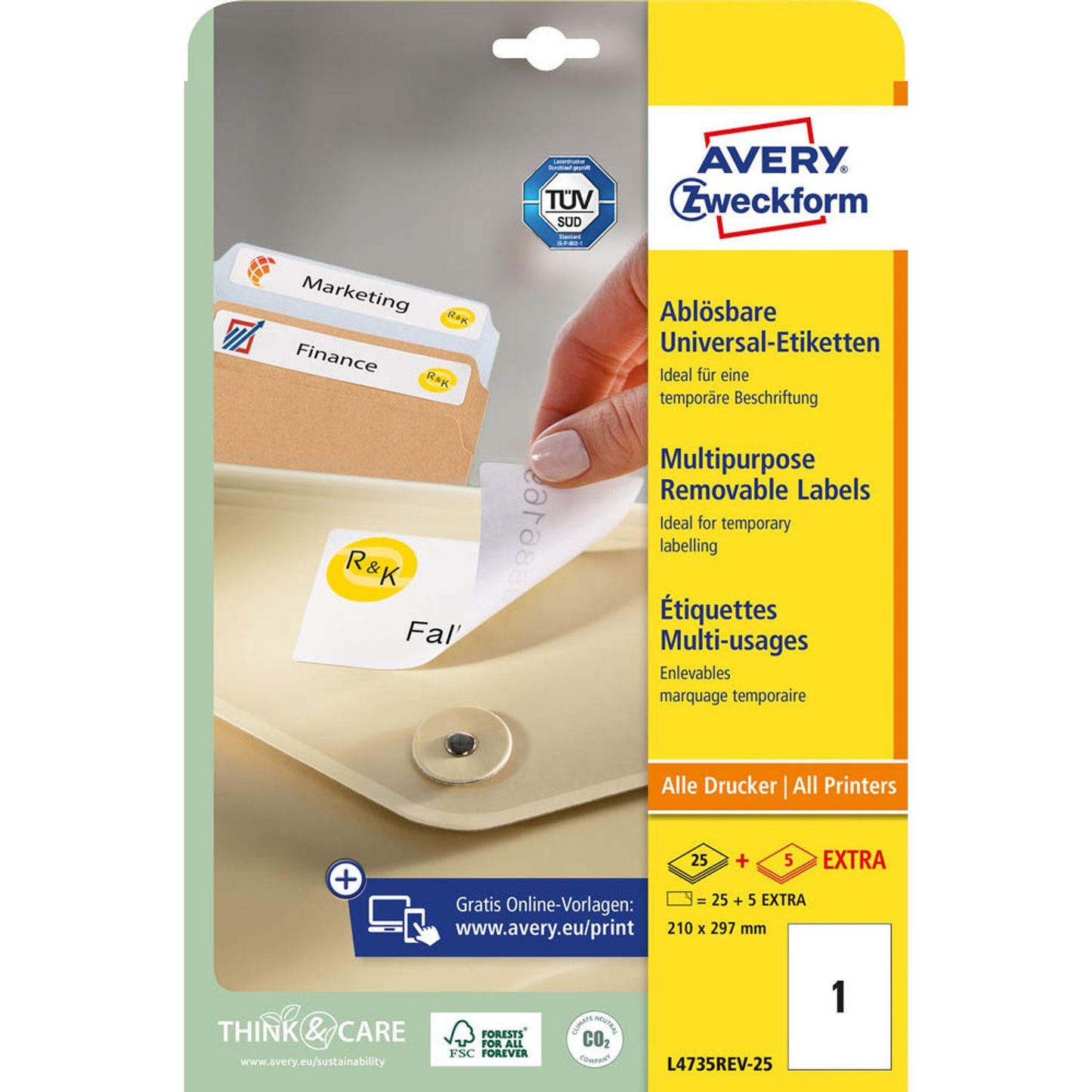 AVERY Zweckform Etiketten weiß 210,0 x 297,0 mm | L4735REV-25 | 1 Pack = 30 Blatt