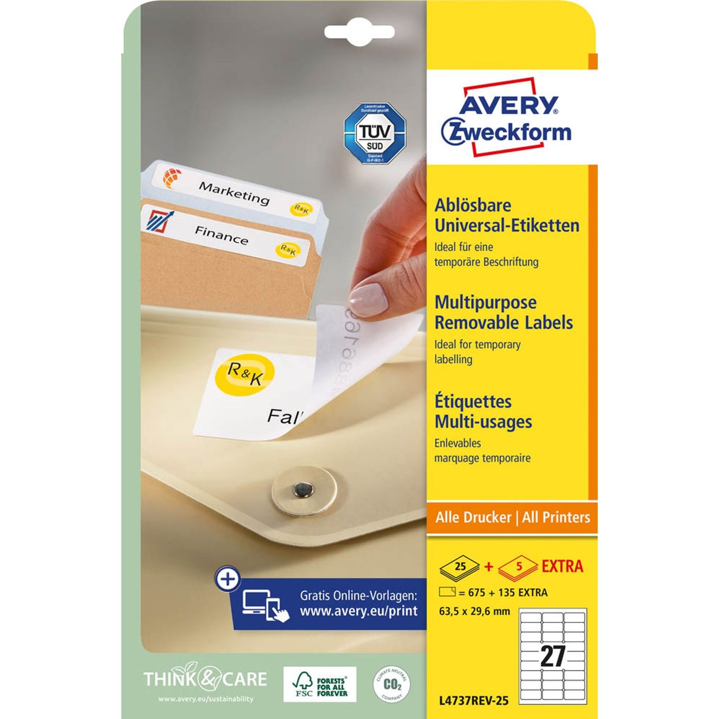 AVERY Zweckform Etiketten weiß 63,5 x 29,6 mm | L4737REV-25 | 1 Pack = 30 Blatt