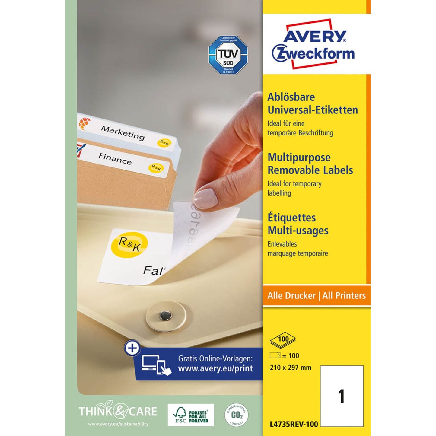 AVERY Zweckform Etiketten weiß 210,0 x 297,0 mm | L4735REV-100 | 1 Pack = 100 Blatt