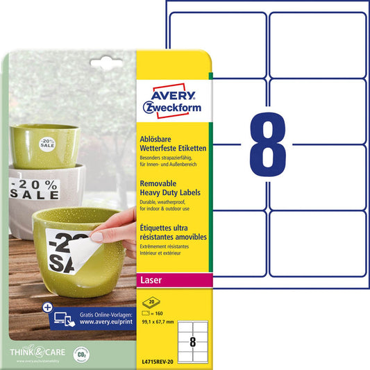 AVERY Zweckform wetterfeste Folienetiketten weiß 99,1 x 67,7 mm | L4715REV-20 | 1 Pack = 20 Blatt
