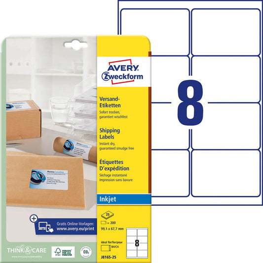 AVERY Zweckform Versandetiketten weiß 99,1 x 67,7 mm | J8165-25 | 1 Pack = 25 Blatt