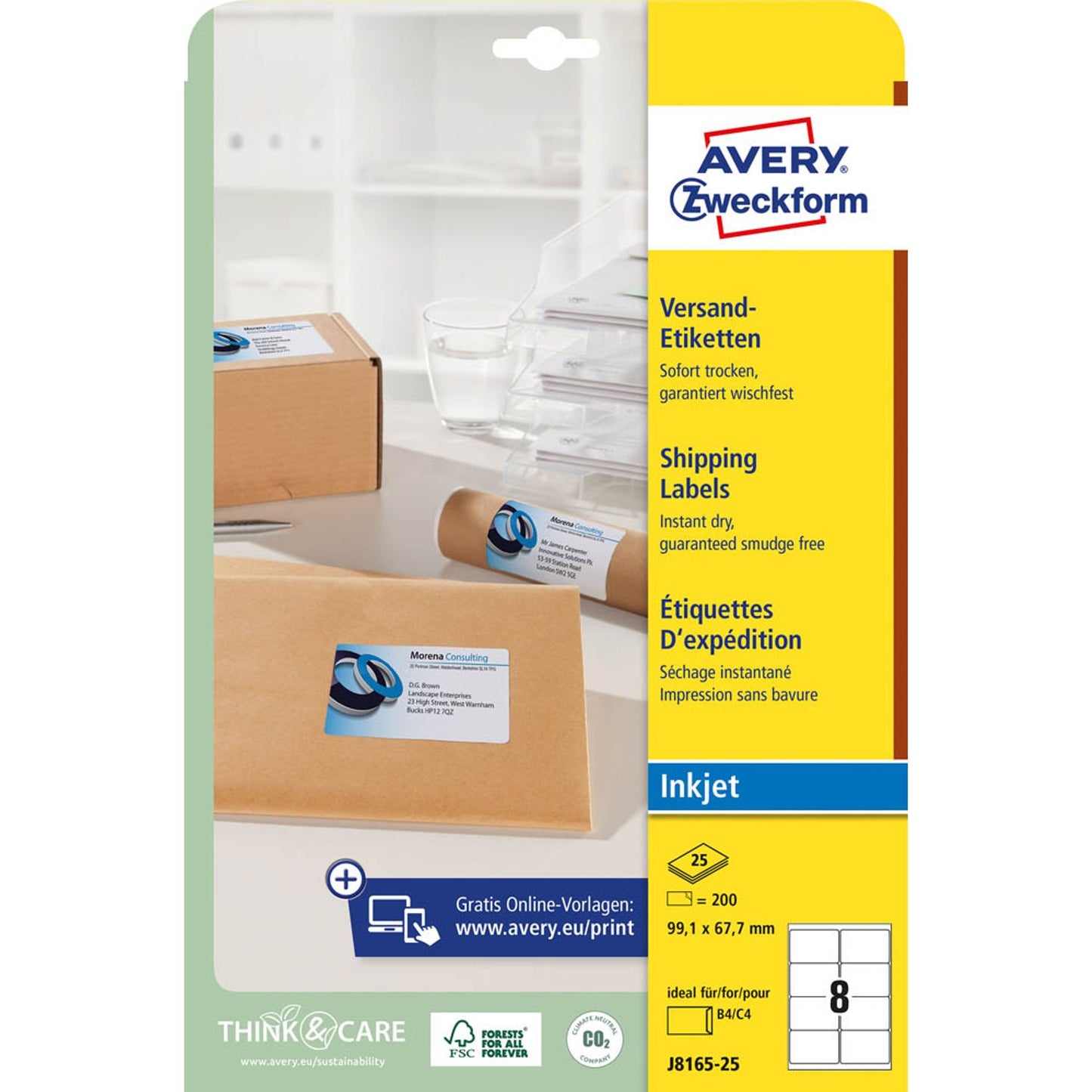 AVERY Zweckform Versandetiketten weiß 99,1 x 67,7 mm | J8165-25 | 1 Pack = 25 Blatt