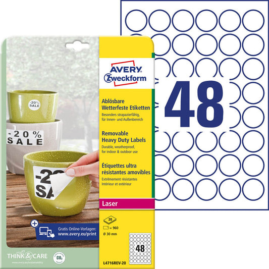 AVERY Zweckform wetterfeste Folienetiketten weiß 30,0 x 30,0 mm | L4716REV-20 | 1 Pack = 20 Blatt